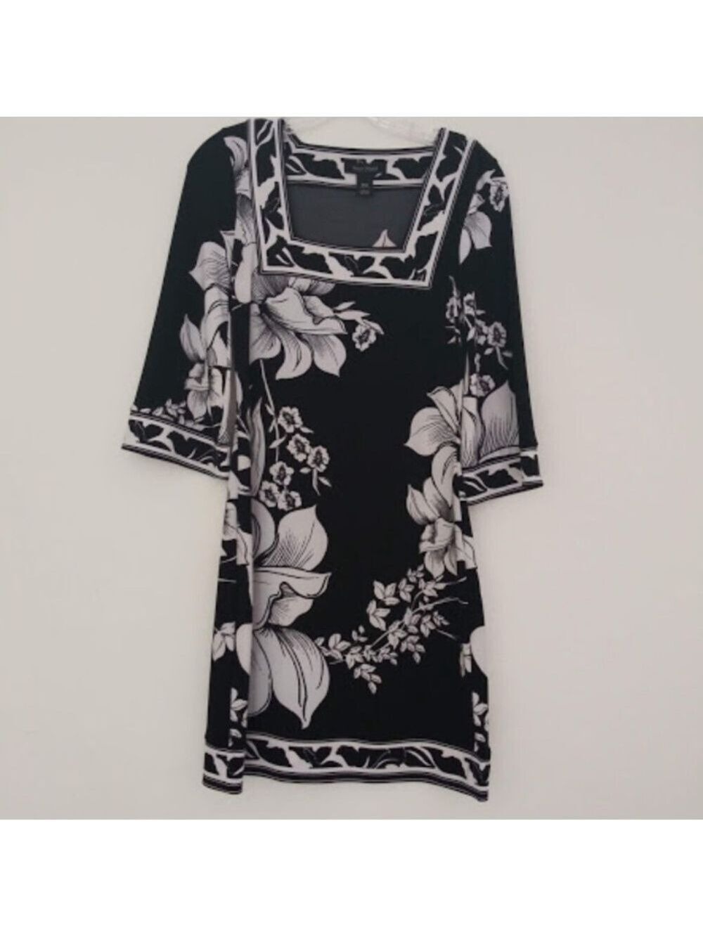 WHBM square neck dark floral print tunic dress bell sleeves